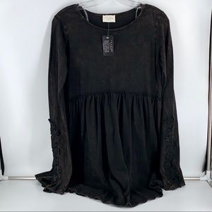 Black Mineral Wash Tunic wLace Appliqué Arm Detail